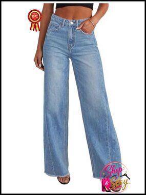 Wide Leg High Rise Jeans Raw Hem Stretch Denim Pants